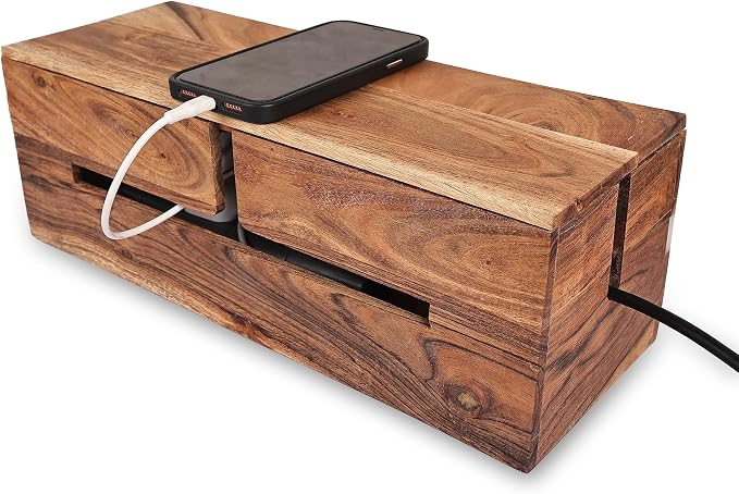 Acacia Wood & Epoxy Cable Management Box, 16X 6 X 5.5 Cable Hider Box, Cable Organizer Box Ideal for Under Desk Cable Management, Router Wires, Surge Protectors and adaptors | White