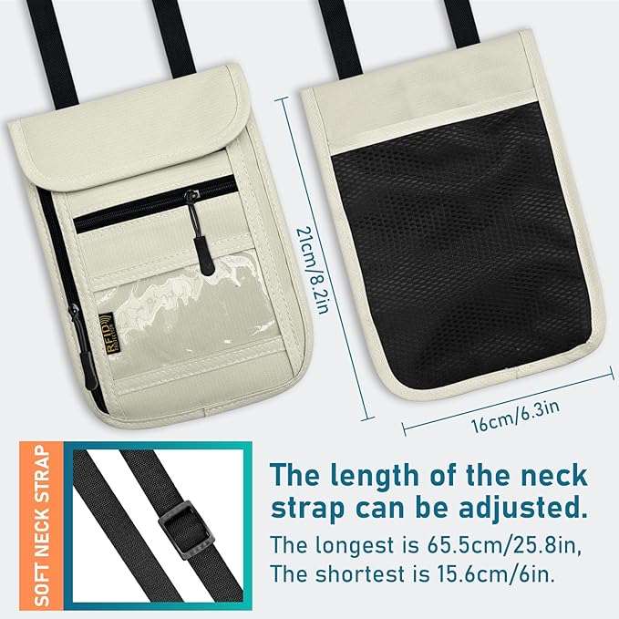 Travel Neck Wallet & RFID Blocking Sleeves for Men and Women, Neck Money Pouch Anti Theft Travel Document Organizer with Adjustable Strap - Beige