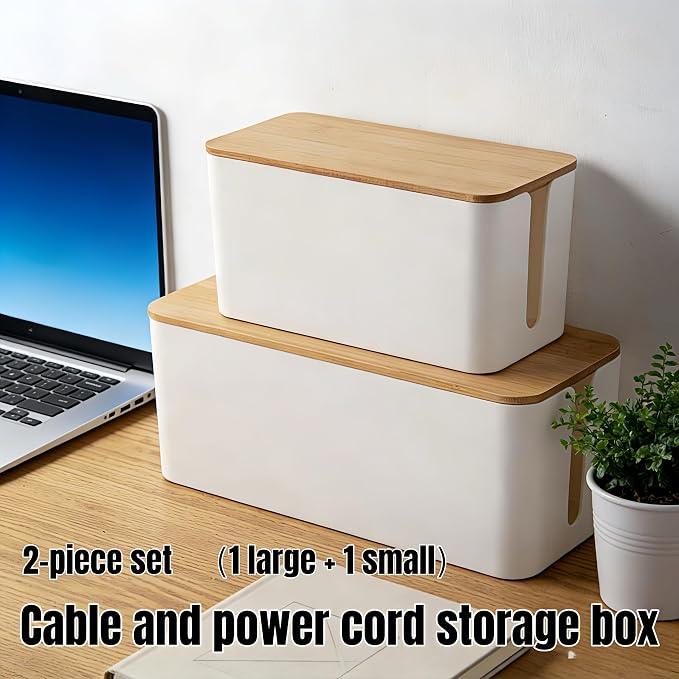 1 Large + 1 Small Cable Management Box Set – 2-Piece Cord Organizer Box, Home Office Desk Wire Storage & Cable Management Solution (Bamboo Lid/White)