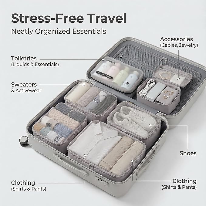 6 Set Compression Packing Cubes for 7–14 Day Travel, Misty Silver | Nylon Oxford Fabric, Full Breathable Mesh, Reinforced Double-Zipper, Small to Large Size Bag, Expandable Packing System
