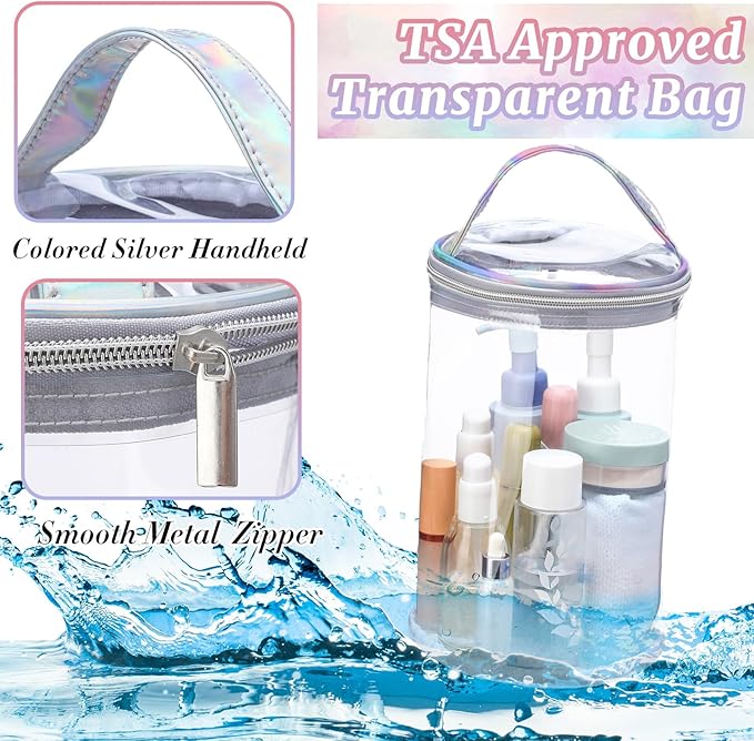 Sanwuta Clear Lotion Bag for Toiletry Sunscreen Cylinder Makeup Bag Heavy Duty Travel Organizer Pouch Waterproof Cosmetic Pouch with Handle Zipper Gift for Summer Beach Pool Airport Women(Silver)
