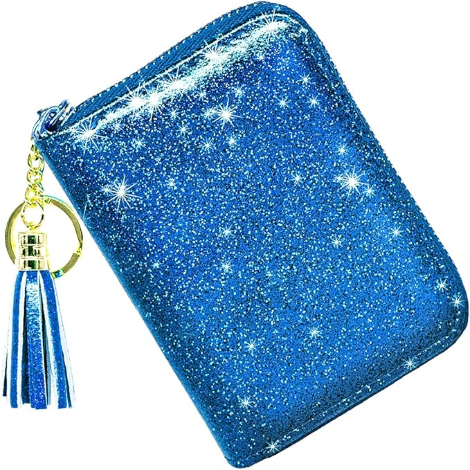 Coco Rossi Women's Small Credit Card Wallet RFID Cute Glitter Card Holder for Women, Navy Blue