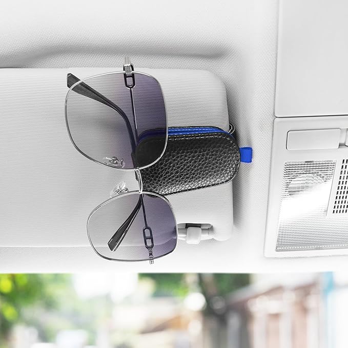SINGARO Sunglasses Holder for Car, Leather Magnetic Buckle Sun Visor Sunglass Clip, Ticket Card Storage Glasses Clip, Car Interior Accessories for Men and Women（2PCS Black-Blue）