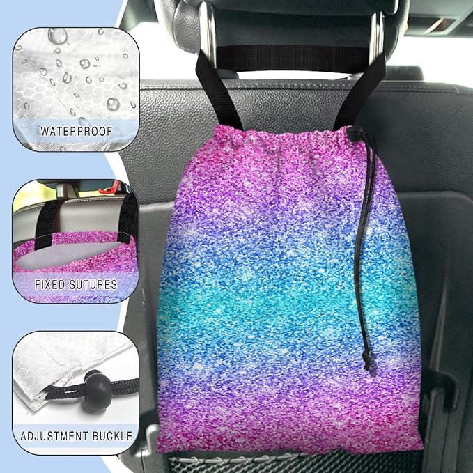 Car Trash Bag Hanging Back of Seat Waterproof Small Cute Printed One-handed Strap Drawstring Garbage Bags for Car-Glitter Pink