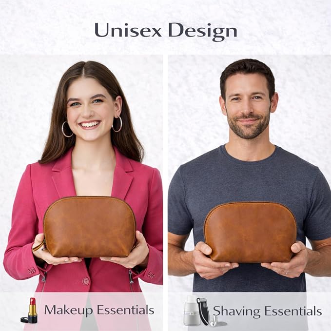 Genuine Leather Toiletry Bag for Men & Women, Leather Makeup Bag, Travel Dopp Kit Organizer with YKK Zipper, Handmade Cosmetics Case for Toiletries & Makeup (9 x 6 x 4 Inch) Tan