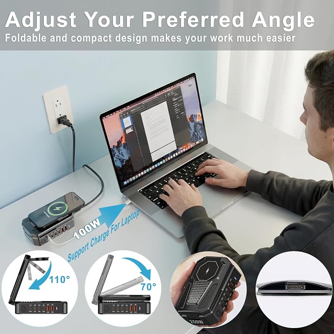 250W Charging Station for Multiple Devices Apple, Foldable 9‑in‑1 Wireless Charger for iPhone, iWatch, USB‑C PD100W Fast Charging Stand Dock for MacBook Air & Pro (Wireless Charging Only for Apple)