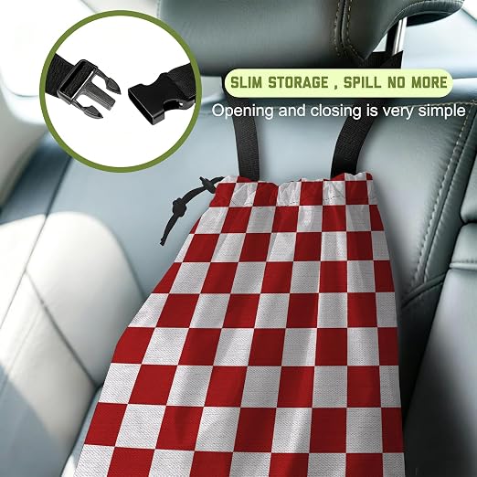 Car Garbage Bag Red White Checkered Drawstring Car Trash Bag Hanging for Back Seat with Adjustable Buckle Canvas Vehicle Trash Can Easy-to-Install for Car Accessories Vehicle Travelling Camping