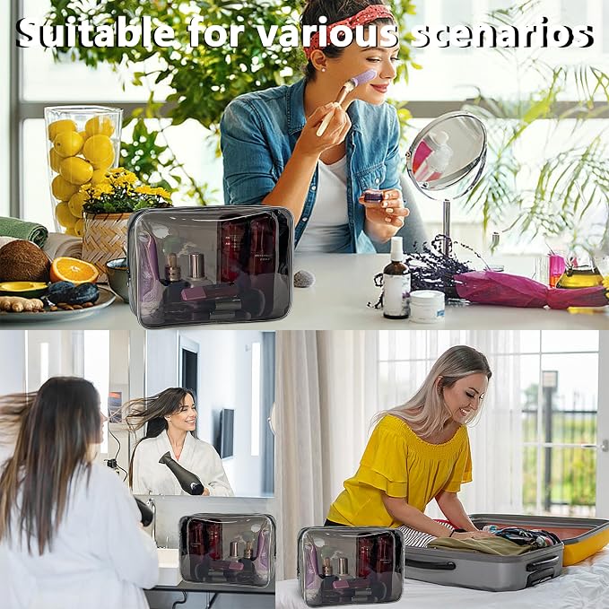 Waterproof PVC Makeup Bag - Leakproof Cosmetic Organizer for Travel Toiletry Storage 9.84×7.09×2.36 Inch for Women & Men (Black)
