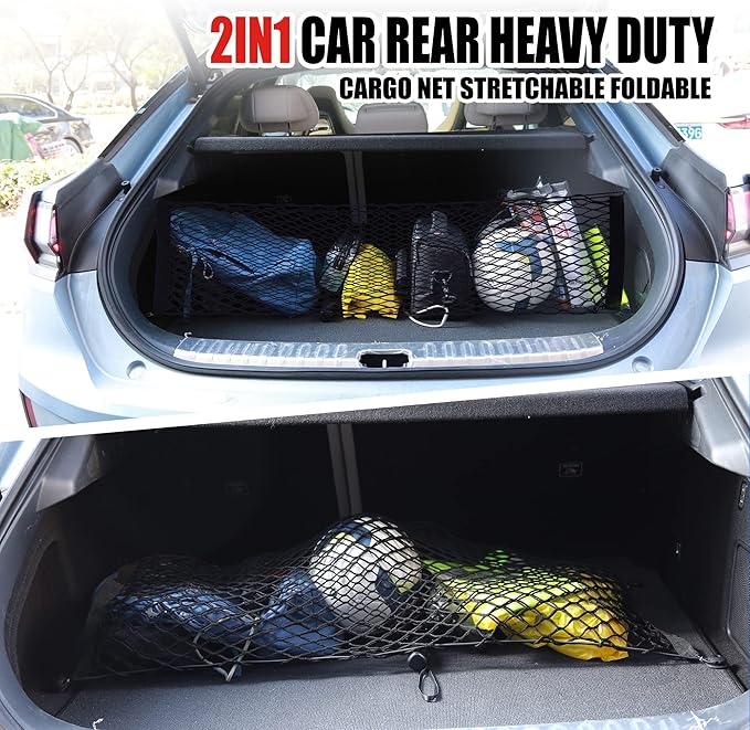 AWELCRAFT Car Rear Cargo Net, Adjustable Elastic Storage Organizer Net, Trunk Cargo Storage Net, Universal Fit for Car, Vehicle, SUV
