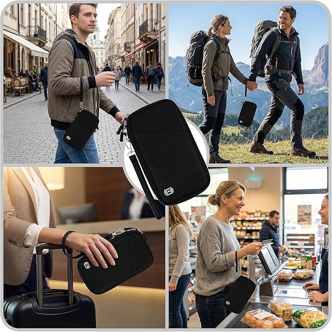 Men Passport Wallet, Family Travel Document Organizer, Business Travel Organizer with RFID Blocking, Family Passport Holder for Men Women Gift, Waterproof Passport Bag Cover for Women Men Gift - Black