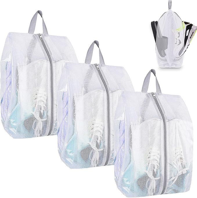 SelfTek Shoe Bags for Travel - 3 Pack 1 Size Double-Sided Zipper Shoe Bag for Men & Women, Waterproof Portable Shoe Storage Pouch with Handle, Family Travel Accessories - Medium Size