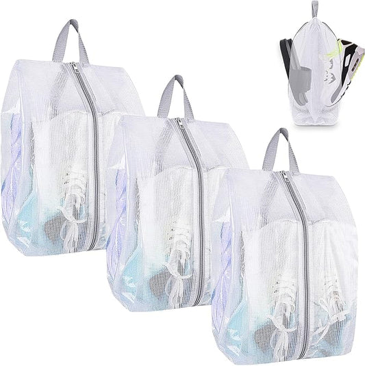 SelfTek Shoe Bags for Travel - 3 Pack 1 Size Double-Sided Zipper Shoe Bag for Men & Women, Waterproof Portable Shoe Storage Pouch with Handle, Family Travel Accessories - Medium Size