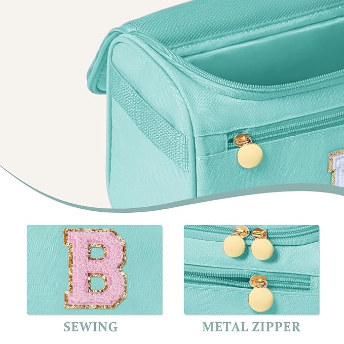 COSHAYSOO Initial Girls Hanging Travel Toiletry Bag Traveling Size Skincare Toiletries Bags Teen Girl Trip Gifts Favors, Summer Fall Camp Essentials for Teenage Sleepaway Sleepover Teal Blue Letter B