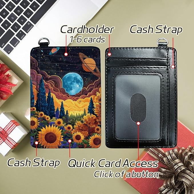 Small Travel Wallets, Starry Sunflowers Cosmic Planet Slim Minimalist Front Pocket Wallet with Wristlet, RFID Blocking PU Leather Credit Card Holder with ID Window Change Purse for Men Women