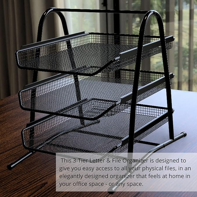 Performore 3-Tier Stackable Paper Tray Organizer for Desk - Black Metal File Rack for Legal-Size Paper (14"x8.5"), Document Holder & Desktop Storage for Office, Home, or School Organization