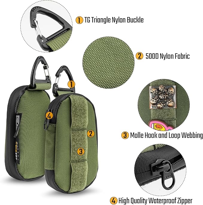 TACTICAL GEEK Storage A7 EDC Key Chain Case, Custom Carabiner, Mini Key Organizer, Portable Zippered Case for Daily Carry Green