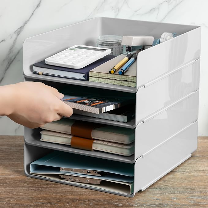 Tiawudi Desk Organizer, Office Organization and Storage, Plastic Letter Tray, Stackable File Organizer for Classroom, Home, Documents, Notes, Folders, Books and Pens, 4 Tier
