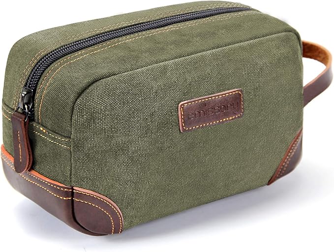emissary Men's Canvas Travel Toiletry Bag, Leather Dopp Kit - Dark Green | Durable canvas & PU leather, water-resistant lining, side handle; roomy men's Dopp kit for travel & gym