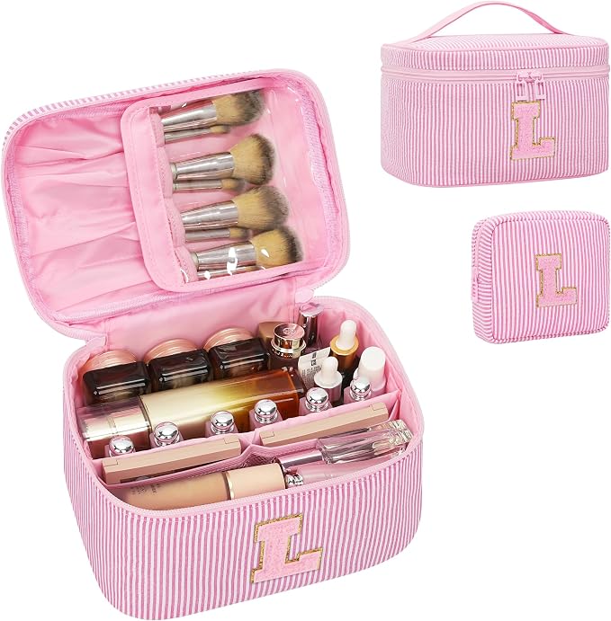 MONSTINA Personalized Initial Makeup Bag,Valentine's Gifts for Women,Make Up Case for Girlfriend Bridesmaid Wife,Birthday Gift for Her Cute Toiletry Bag,2PCS,Pink L