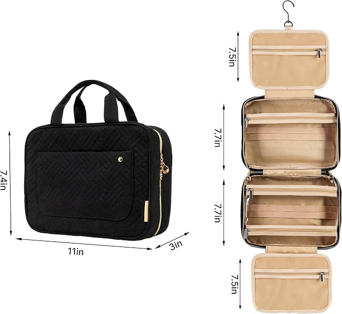 Carrywell Toiletry Bag Travel Bag with Hanging Hook, Makeup Organizer Case, Water-Resistant Cosmetic Bag For Full-size Containers, Toiletries, Black Medium, Not Made In China
