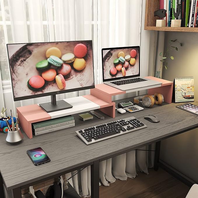 WESTREE Dual Monitor Stand - Monitor Stand Riser - 2 Shelf Computer Monitor Stand with Adjustable Length and Angle, Monitor Stands for 2 Monitors, Desktop Organizer Stand Office Furniture for PC, Computer, Laptop