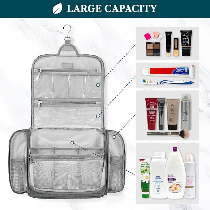 PAVILIA Large Hanging Toiletry Bag for Women Men, Travel Cosmetic Organizer with 10 Compartments, Swivel Hook and 3 Leakproof Pockets, Water Resistant Makeup Case, Packs Flat, Black