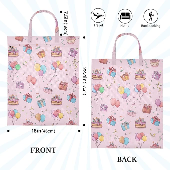 Travel Laundry Bags 2 PC Wet Dry Bag with Handle Dirty Clothes Organizer for Swimsuits Beach Camping Waterproof Washable Birthday Pink Cakes Balloons Ribbons