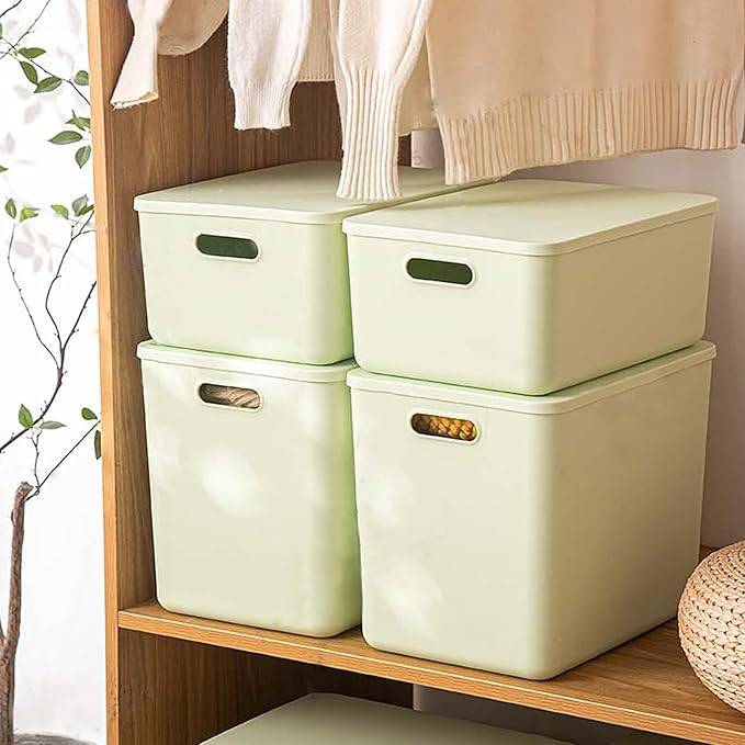 4 pack large plastic White storage bins with Lids, Toy Box Chest with Handle，Organizer Containers Baskets for Baby,Nursery，Shelves，Playroom, Bedroom，Office,Closet，home (Light Green, 4M)