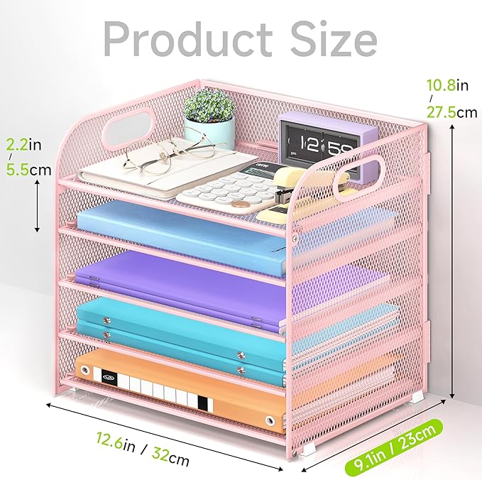 Cawukege 2 Pack 5 Tier Paper Organizer, Letter Tray with Handle, Mesh Desk Organizer, Metal File Organizer, Office Desk Accessories for Home, Office, Classroom, School -Pink