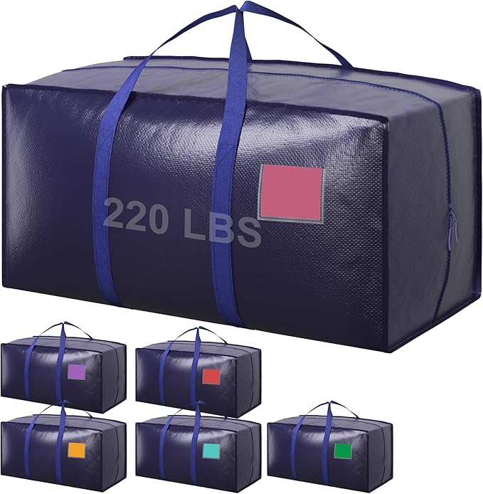 6 Pack Moving Bags Heavy Duty 210GSM with Full-Open Side Zipper, 93L 65lbs Waterproof Foldable Storage Totes for College Dorm Move-In, Moving Boxes Alternative & Home Organization, Blue