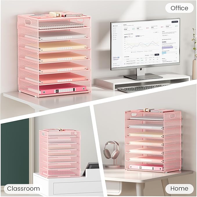 Lavatino 8-Tier Letter Tray Desk Paper Organizer, Mesh File Sorter Tray Organizer for Desk Office Supplies & Home Organization, Fits A4 Paper, Mail, Magazines and Office Accessories (Pink with Handle)