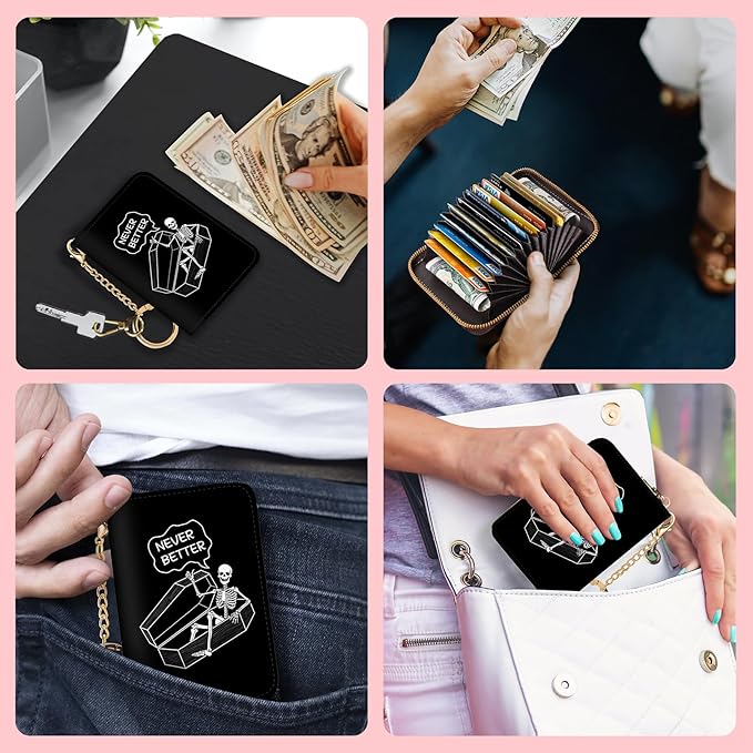 Blusabaca Skeleton Skull RFID Wallet, Credit Card Holder for Women, Funny Small Wallet with Card Slots Zipper, Leather RFID Card Keychain Wallet, Card Case RFID Blocking Accordion Gift