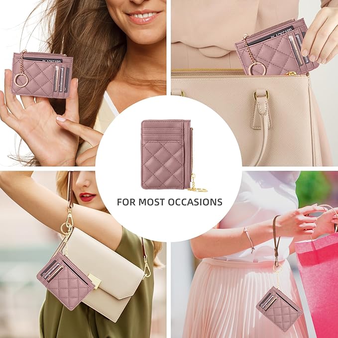 Credit Card Holder, Slim Keychain Wallet with Zipper Coin Pocket Front Small Pocket Wallet for Women, Pink