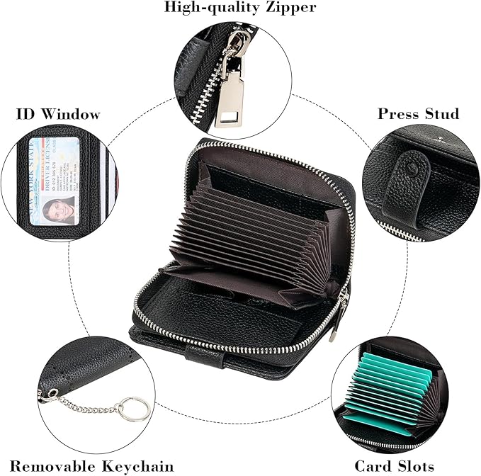 GAEKEAO Women's Leather Wallet RFID Blocking Card Holder with Many Compartments Small Purse with Zipper Key Chain Wallets