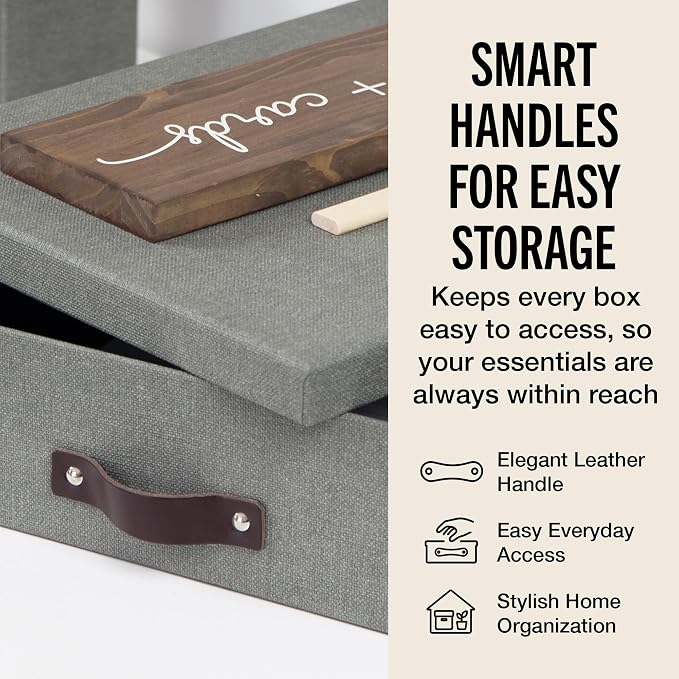Bigso Oskar Canvas Fiberboard Document Letter Box - File Organizer Box for Important Paperwork - Document Storage with a Lid & Leather Handle - 3.3 in x 10.2 in x 13.8 in - Gray