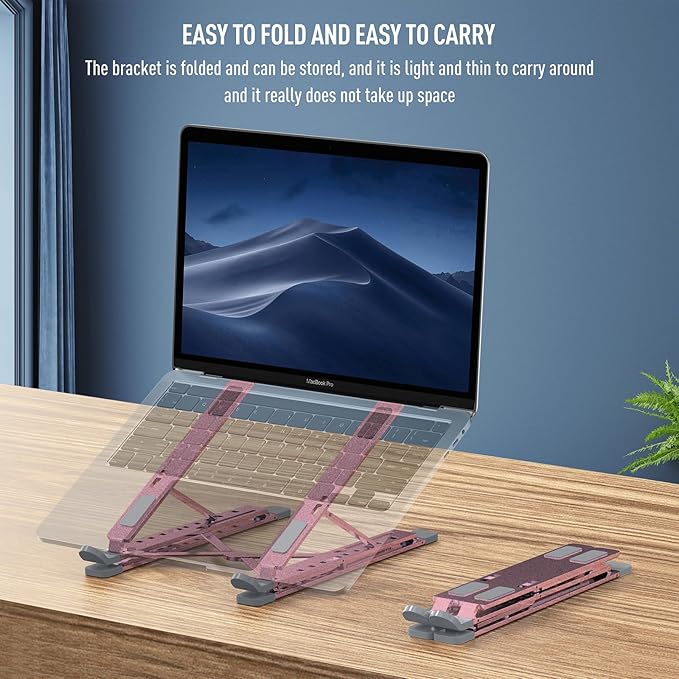 Portable Laptop Riser, Adjustable Laptop Stand,Aluminum Laptop Stand for Desk Foldable, Ergonomic Computer Notebook Stand Holder for MacBook Air Pro, Dell XPS, HP (10-15.6'')(Pink)