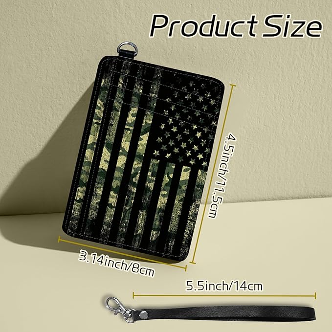 Small Travel Wallets, Military Camouflage American Flag Slim Minimalist Front Pocket Wallet with Wristlet, RFID Blocking PU Leather Credit Card Holder with ID Window Change Purse for Men Women