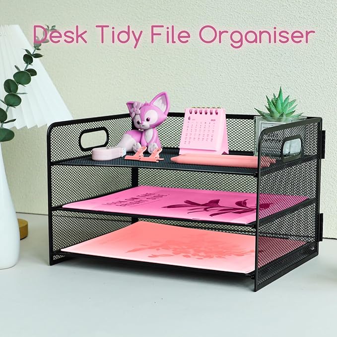 3 Tier Lettrer Tray Organizer with Handle, Metal Mesh Desk File Organizer with Sliding Trays, Paper Sorter Desk for Home Office School, Black