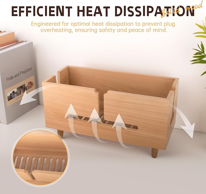 Natural Beechwood Large Cable Management Box for Power Strip & Cord Hider | Solid wood cable box fits 13" strips, flame-retardant, detachable legs, vents, child-safe, tool-free, hides 6-8 cords