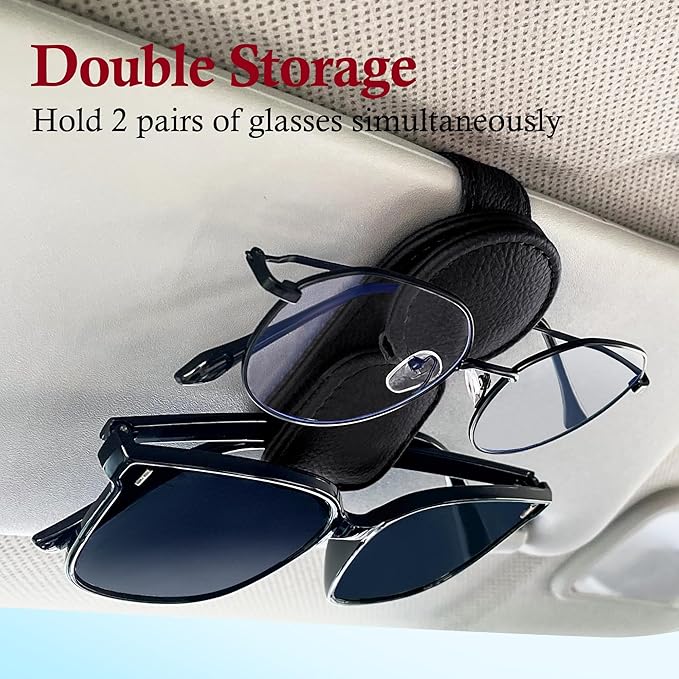 KIWEN Sunglasses Holder for Car Visor, Magnetic Leather Sunglass Eyeglass Hanger Clip for Car Sun Visor Accessories (1, Black)