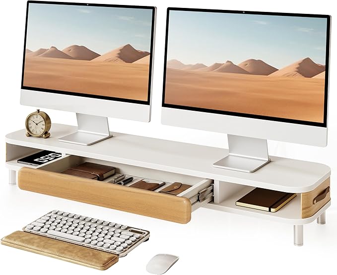Fenge Monitor Stand with Large Drawer, 42.5 Inch Dual Monitor Riser for 2 Monitors, Ergonomic Computer Desk Shelf with Soft Touch Leather & Storage Organizer for Laptop, Computer, TV, PC, Printers