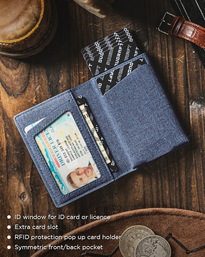 DUGRAFT Card Holder Wallet with ID Window, Mens RFID Blocking Minimalist Slim Pop-Up Wallet Aluminum Metal Credit Card Case, Holds 10 Cards