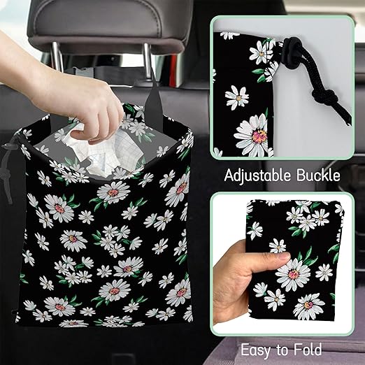 White Daisy Car Garbage Bag,Waterproof Small Car Trash Bag Hanging Back of Seat,Drawstring Hanging Car Trash Bag with Adjustable Buckle for Car Accessories