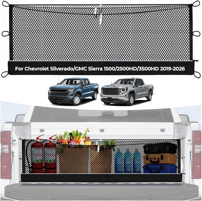 3-Layer Cargo Net for Chevrolet Silverado & GMC Sierra 2019-2026, Zoned Storage Truck Bed Net with Foldable Zippered Bottom Bag, Heavy-Duty Cargo Organizer Netting for Camping, Trips & Everyday Use