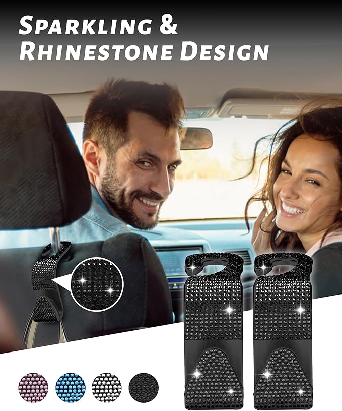 Sparkling Car Seat Hooks, 4 Pack, Black Purse Holder for Car Headrest, Chic Automotive Accessories for Women Essentials Handbag Clothes Coats Grocery Bags