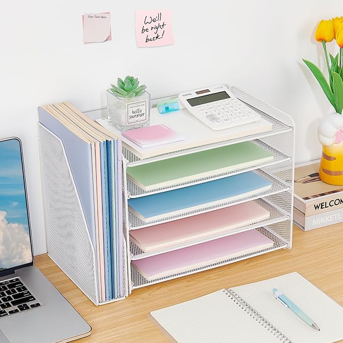 OPNICE Desk Organizer, 5-Tier Paper Organizer Letter Tray with Magazine Holder, Office Desk Accessories & Workspace Organizers, Desktop File Organizer for Office Supplies Storage, White