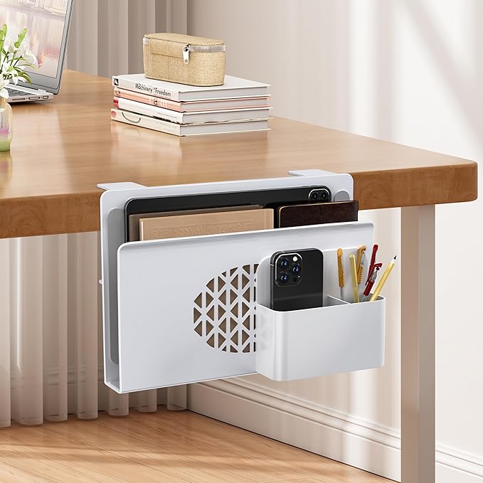 Desk Side Storage, Metal Laptop Holder with Magnetic Pen Box, Clamp-On Under Desk Organizer with Cooling Holes & Anti-Scratch Pads for Office and Home (White)
