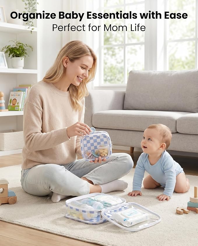 LETGO Blue Checkered Diaper Bag Organizer Pouch Set,TSA Approved Toiletry Bag,Clear Waterproof TPU Makeup Bag Set Travel Organizer Bags for Women and Kids Toiletry Bag Set for Baby and Mom Essentials