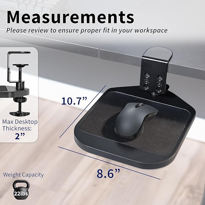 VIVO Clamp-on Wooden Mouse Pad Holder Platform, Adjustable Under Desk 360° Rotating Tray Rest Extension Attachment, up to 2 inch Desktops, Black, MOUNT-MS01B