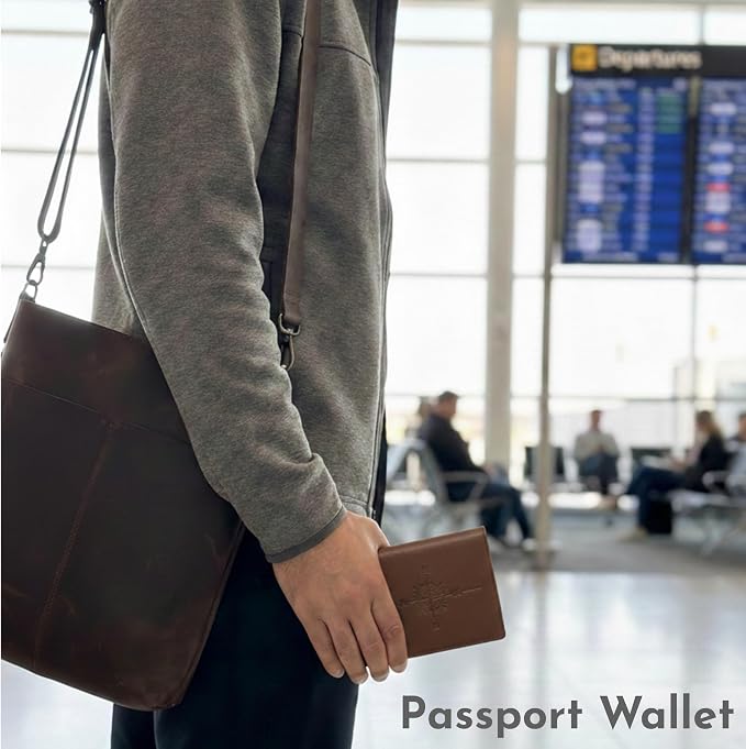 SETTINI Genuine Leather Passport Holder for Travel — RFID Blocking Passport Wallet for Men & Women, Compass Design, 6 Card Slots, ID Window, Travel Gift in Gift Box